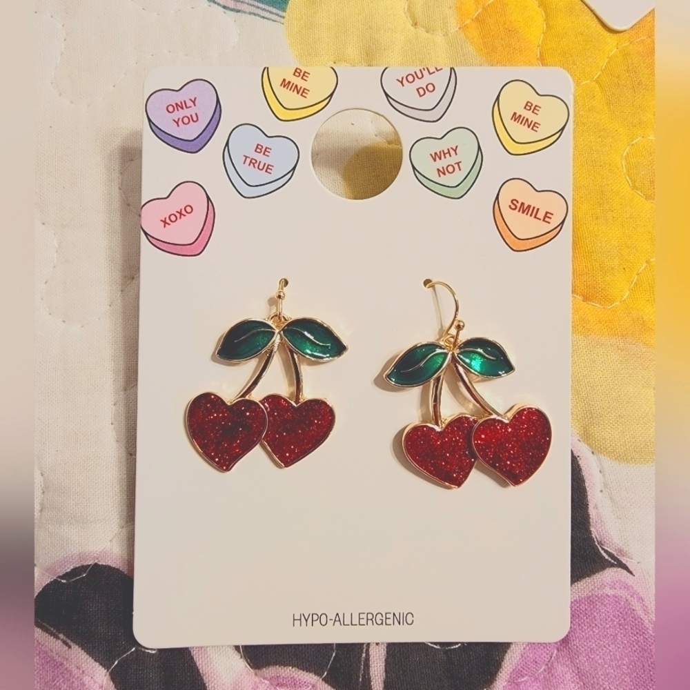 NWT Cherry Heart Valentine Dangling Earrings